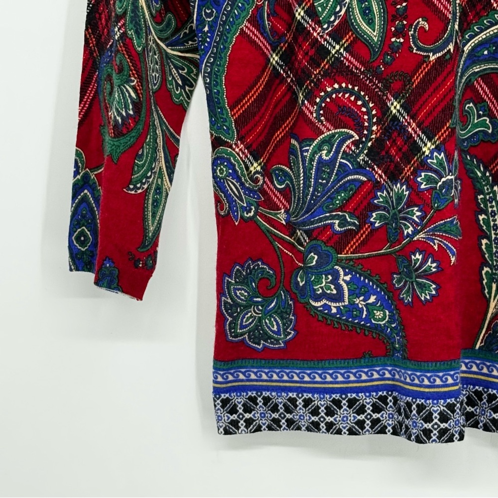 Talbots Size Medium Lightweight 100% Merino Wool Red Plaid/Paisley Sweater - Picture 6 of 11